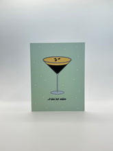 Load image into Gallery viewer, Hand-drawn espresso martini on a mint background, “A tini bit older” birthday greeting card from Hawaii