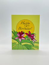 Load image into Gallery viewer, Hand-drawn pink plumeria flowers under a yellow sun with Happy Birthday script, Hawaiian birthday card