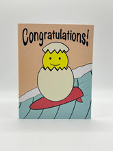 Load image into Gallery viewer, Hand-drawn chick hatching from an egg on a red surfboard with Congratulations wording, Hawaii card