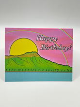 Load image into Gallery viewer, Hand-drawn Diamond Head under a yellow sun and pink sky with Happy Birthday script, Hawaii birthday card