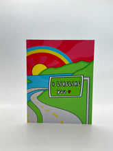 Load image into Gallery viewer, Hand-drawn rainbow and road leading to a freeway sign reading I Like Like You, Hawaii Valentine’s card