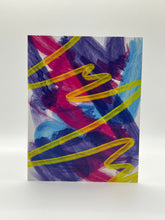 Load image into Gallery viewer, WAVES greeting card front, hand-drawn abstract waves in purple, blue, pink and yellow