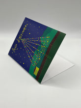 Load image into Gallery viewer, Hand-drawn Christmas tree of string lights in a park at night with Mele Kalikimaka wording, Hawaii Christmas card