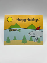 Load image into Gallery viewer, Hand-drawn shark in a Santa hat swimming past a snorkeler, Happy Holidays Hawaii Christmas card