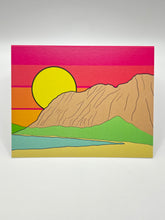 Load image into Gallery viewer, Hand-drawn Waimanalo ridge under red, pink and orange sunset bands, Oahu landscape greeting card