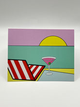 Load image into Gallery viewer, Hand-drawn striped beach towel and pink cocktail facing the sea and a yellow sun, Hawaii greeting card