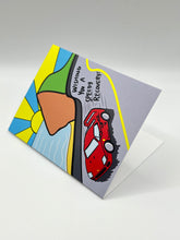 Load image into Gallery viewer, Speedy Recovery get well card standing at an angle, hand-drawn red car and coastal road