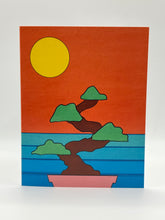 Load image into Gallery viewer, Hand-drawn bonsai tree in a pink pot against an orange sky with a yellow sun and blue water, Hawaii greeting card