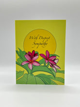 Load image into Gallery viewer, Hand-drawn pink plumeria flowers under a yellow sun with With Deepest Sympathy script, Hawaii sympathy card