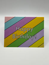 Load image into Gallery viewer, Hand-drawn Happy Birthday wording over colorful diagonal stripes, Hawaii birthday greeting card