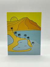 Load image into Gallery viewer, Hand-drawn golden mountain, palm-lined beach and blue lagoon under a yellow sun, Hawaii landscape greeting card