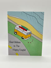 Load image into Gallery viewer, Hand-drawn vintage van with a surfboard on a coastal road, Best Wishes to The Happy Couple Hawaii wedding card