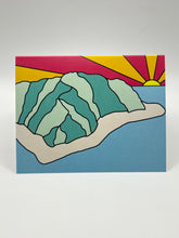 Load image into Gallery viewer, Hand-drawn green mountain ridges with red, pink and yellow sunrays over the sea, Hawaii landscape greeting card