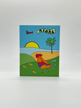 Load image into Gallery viewer, Hand-drawn rooster on green hills with a palm tree, sunrise and a plane towing an Aloha banner, Hawaii greeting card