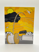 Load image into Gallery viewer, Hand-drawn bent fishing rod and reel with gulls under a yellow sun and golden sky, Hawaii greeting card