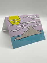 Load image into Gallery viewer, ISLAND greeting card standing at an angle, hand-drawn island and yellow sun