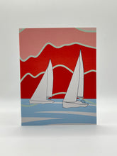 Load image into Gallery viewer, Hand-drawn pair of white sailboats on blue water in front of red mountains and a pink sky, Hawaii greeting card