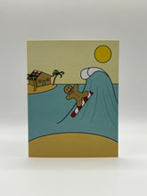 Load image into Gallery viewer, Hand-drawn gingerbread surfer riding a wave past a beach hut and palm trees, Hawaii Christmas card