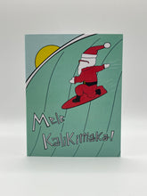 Load image into Gallery viewer, Hand-drawn Santa surfing a green wave with Mele Kalikimaka wording, Hawaii Christmas card