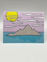 Load image into Gallery viewer, ISLAND greeting card front, hand-drawn island under a yellow sun and soft clouds on a pastel sky