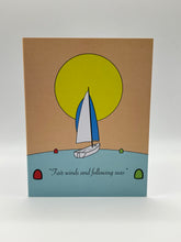 Load image into Gallery viewer, Hand-drawn sailboat under a yellow sun with Fair winds and following seas wording, Hawaii greeting card