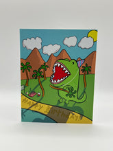 Load image into Gallery viewer, Hand-drawn green dinosaur in a party hat roaring on a beach with palm trees and Happy Birthday wording, Hawaii birthday card