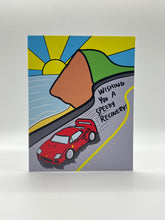 Load image into Gallery viewer, Hand-drawn red sports car on a winding coastal road with Wishing you a speedy recovery wording, Hawaii get well card