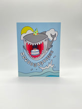 Load image into Gallery viewer, Hand-drawn shark in a party hat bursting out of ocean waves, Hawaii birthday greeting card