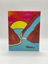 Load image into Gallery viewer, Hand-drawn waterfall pouring from red cliffs into turquoise water under a yellow sun with Mahalo wording, Hawaii thank you card